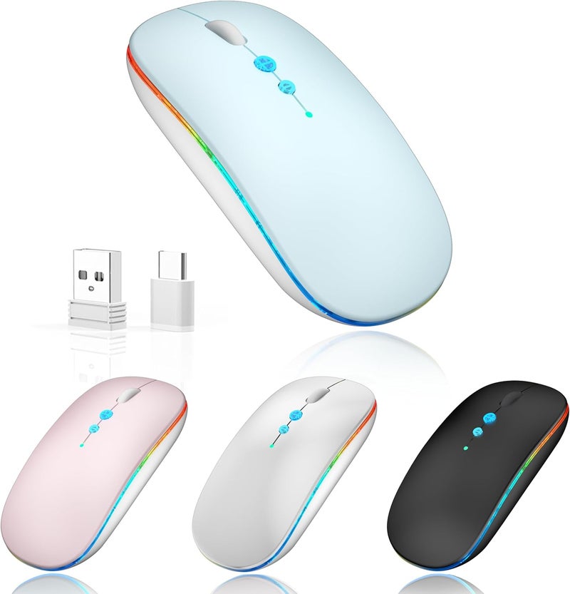 Halpilt LED Wireless Mouse A100S Rechargeable Portable Silent Mouse with Optional USB and Type-C Receiver 3-Speed Adjustable DPI for PC/Mac/Laptop (Frosted Blue) - Image 1