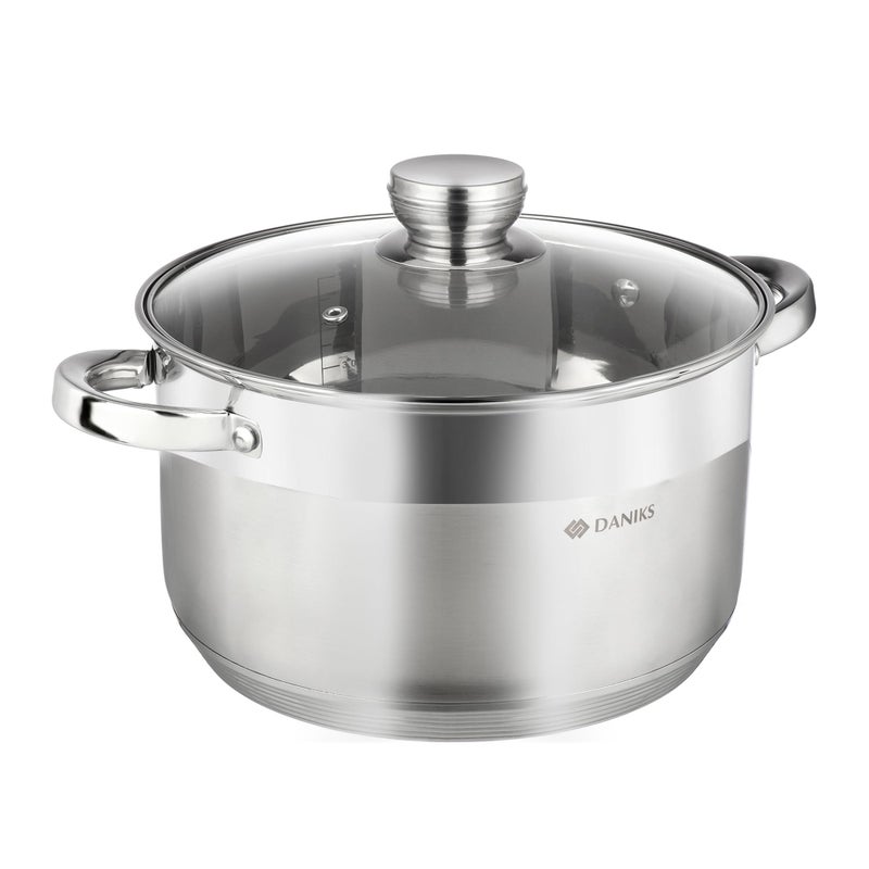 Daniks Standard Stainless Steel Stock Pot with Glass Lid Induction 7 Quart Dishwasher Safe Measuring Scale For Soup Pasta Stew Silver