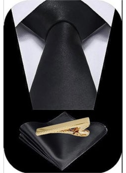 Tezzgelsin Men's Satin Tie Handkerchief and Gold Steel Tie Clip Set  - Image 2
