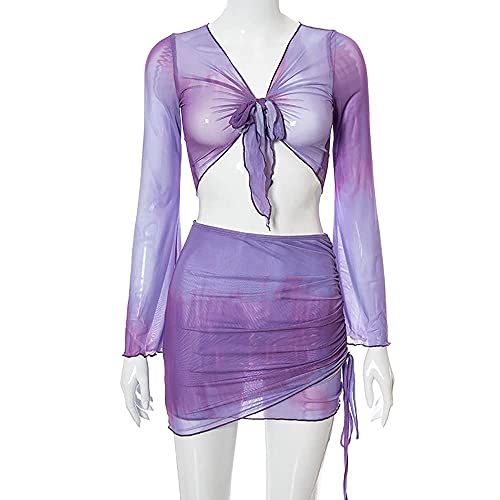 SHESEEWORLD Women's Sexy Long Sleeve 2 Piece Sheer Mesh Cover Up Dress Crop Top Bodycon Ruched Mini Skirt Sets - Image 4