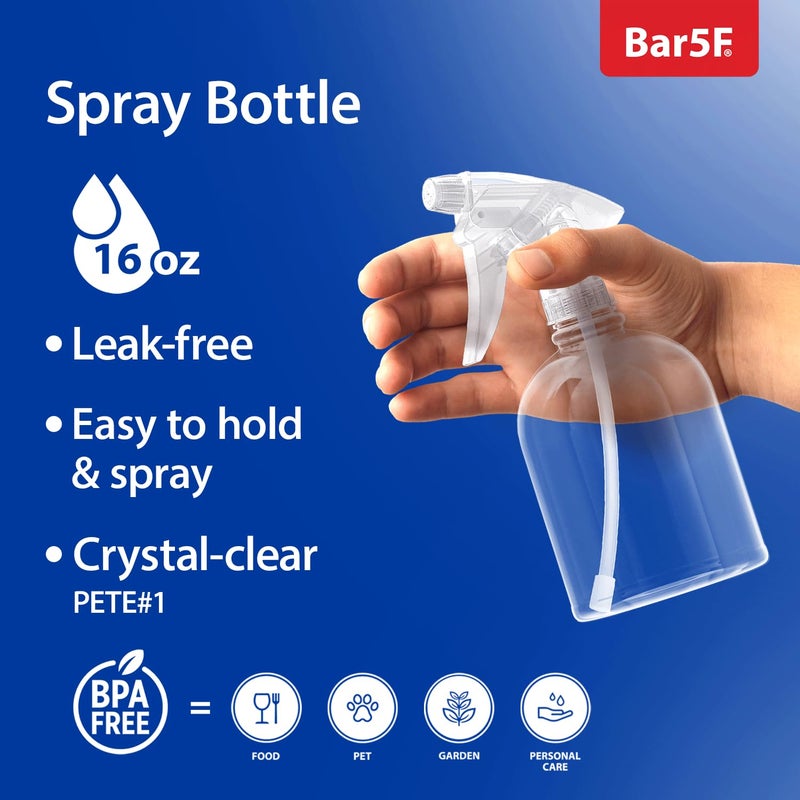 Bar5F Plastic Spray Bottle, 16 oz | Leak Proof, Empty, Clear, Trigger Handle, Adjustable Fine to Stream Output, Refillable, Heavy Duty Sprayer for Hair Salons & Spas, Household Cleaners, Cooking - Image 2