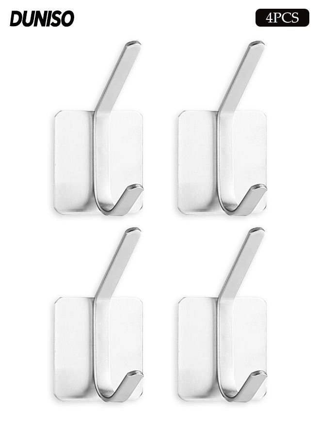 DUNISO 4-Pack Stainless Steel  Wall Hooks for Coat,Handbag,Robe and Towels,Waterproof Self Adhesive Hooks, Double Heavy Duty for Wall, Bathroom, Door - Image 1