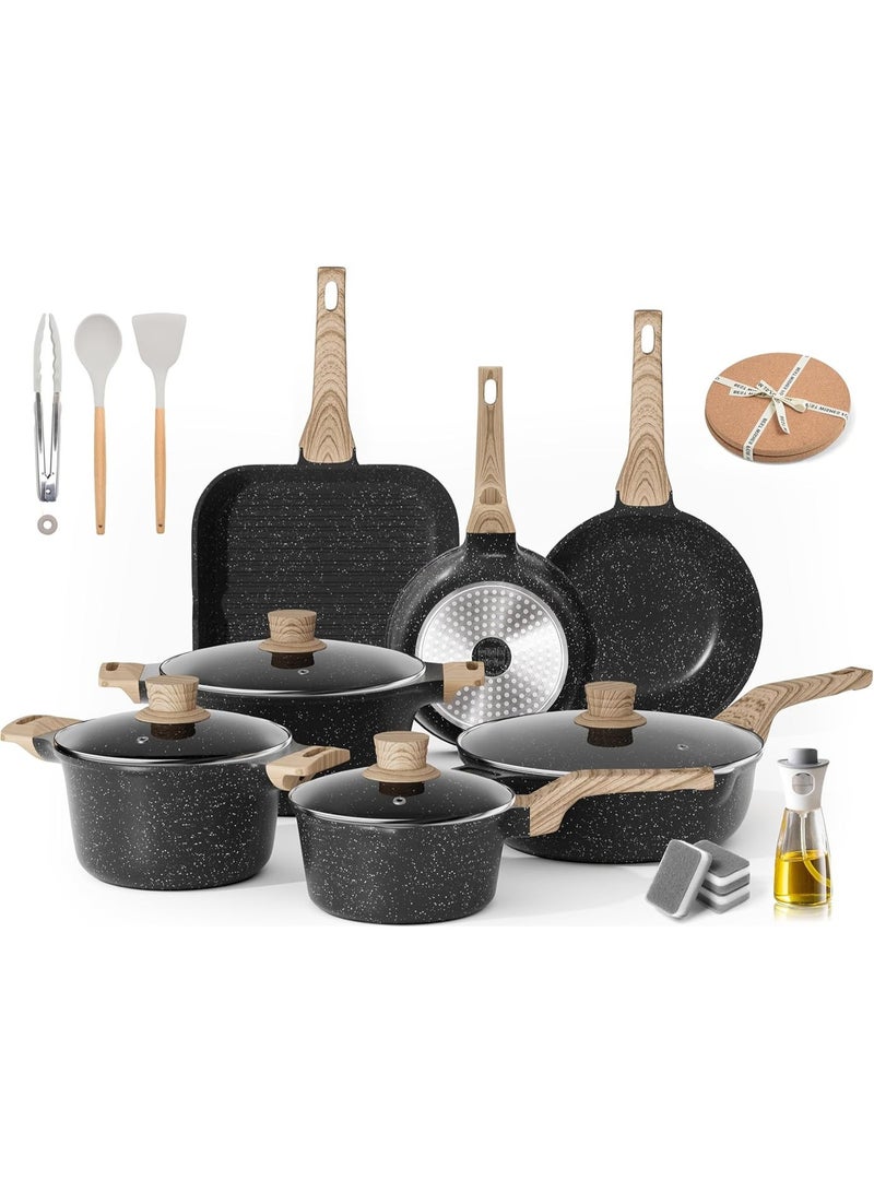 Caannasweis 13Pcs Cookware Sets, Nonstick Pots and Pans Set, Granite Induction Cookware, Non Stick Kitchen Cooking Set withTempered Glass Lids，Gas, Electric, Ceramic, Induction Compatible，Nonstick Granite Omelette Skillet Steak Plate Set,Including Small Milk Pot, Frying Pan, Wok and Saucepan ,PFOS PFOA Free，Black - Image 1