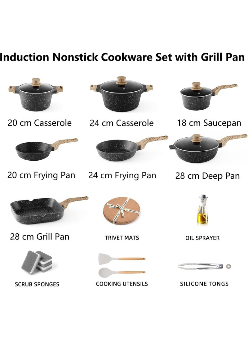 Caannasweis 13Pcs Cookware Sets, Nonstick Pots and Pans Set, Granite Induction Cookware, Non Stick Kitchen Cooking Set withTempered Glass Lids，Gas, Electric, Ceramic, Induction Compatible，Nonstick Granite Omelette Skillet Steak Plate Set,Including Small Milk Pot, Frying Pan, Wok and Saucepan ,PFOS PFOA Free，Black - Image 2