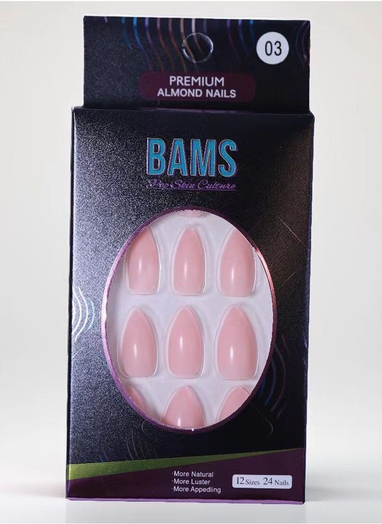 B A M S ثقافة البشرة الشعبية أظافر BAMS الصناعية، ٢٤ قطعة، على شكل لوز، مع مجموعة غراء (لون ٠٣)  - Image 1