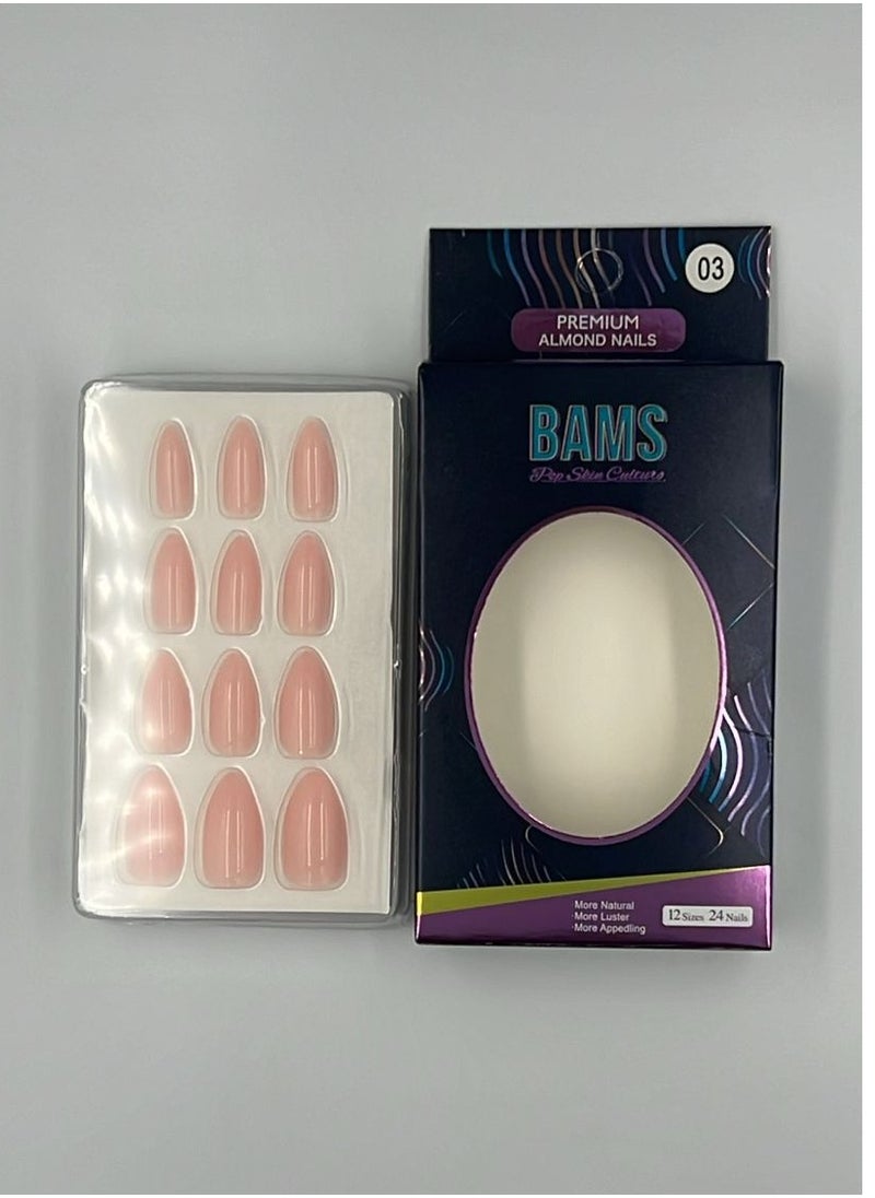 B A M S ثقافة البشرة الشعبية أظافر BAMS الصناعية، ٢٤ قطعة، على شكل لوز، مع مجموعة غراء (لون ٠٣)  - Image 2