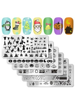 DANNEASY DANNEASY 6 Pieces Halloween Christmas Nail Stamping Plate Holiday Nail Stamps Nail Stencils Plates for Nails Design Manicure Template Nail Art Tools Acrylic Nail Accessories 