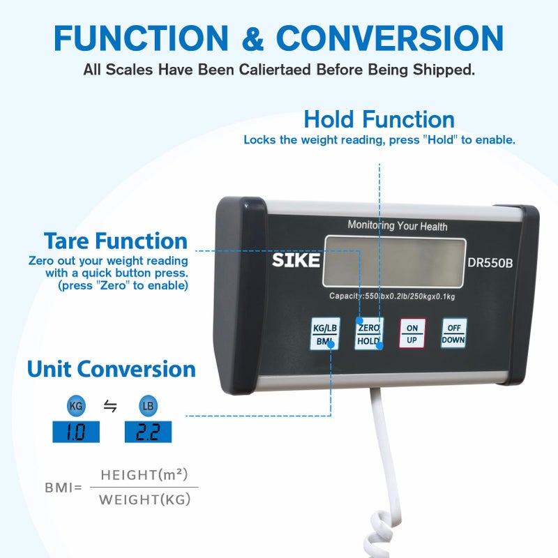 SIKE Digital Physician BMI Scale, Medical Floor Scale for Body Weight, 550 lb Limit Professional Weight Scale, Portable Easy to Read Digital Display, Heavy Duty, 12.5" x 12" Platform - Image 2