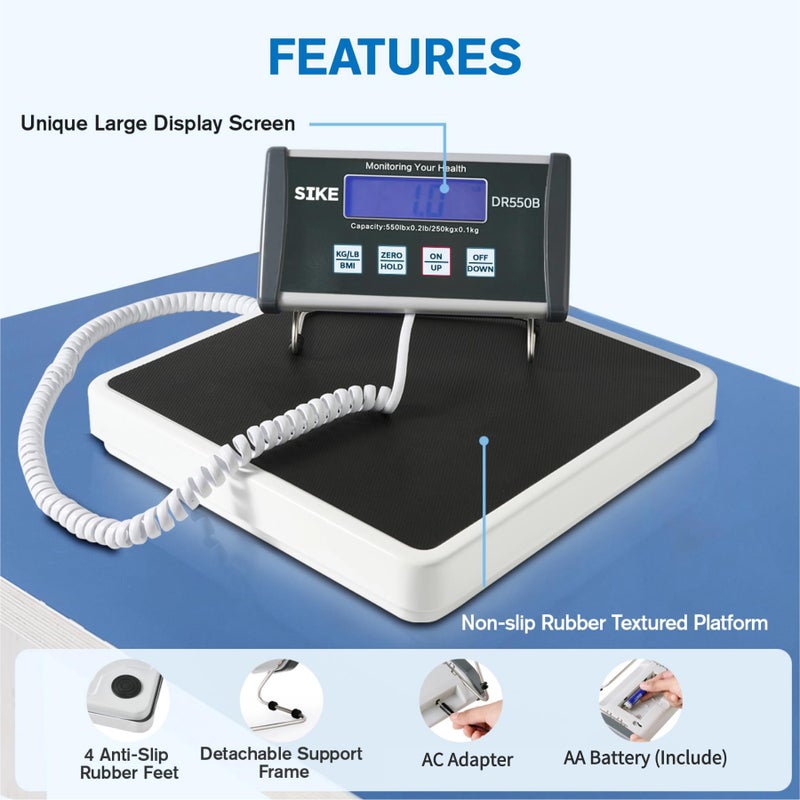 SIKE Digital Physician BMI Scale, Medical Floor Scale for Body Weight, 550 lb Limit Professional Weight Scale, Portable Easy to Read Digital Display, Heavy Duty, 12.5" x 12" Platform - Image 3