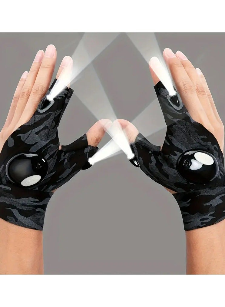 قفازات رجالية بإضاءة LED – زوج واحد، قماش بوليستر محبوك، إغلاق فيلكرو، مزودة ببطاريات CR2016 – أداة عملية للإضاءة أثناء العمل أو الاستخدام الليلي - Image 1