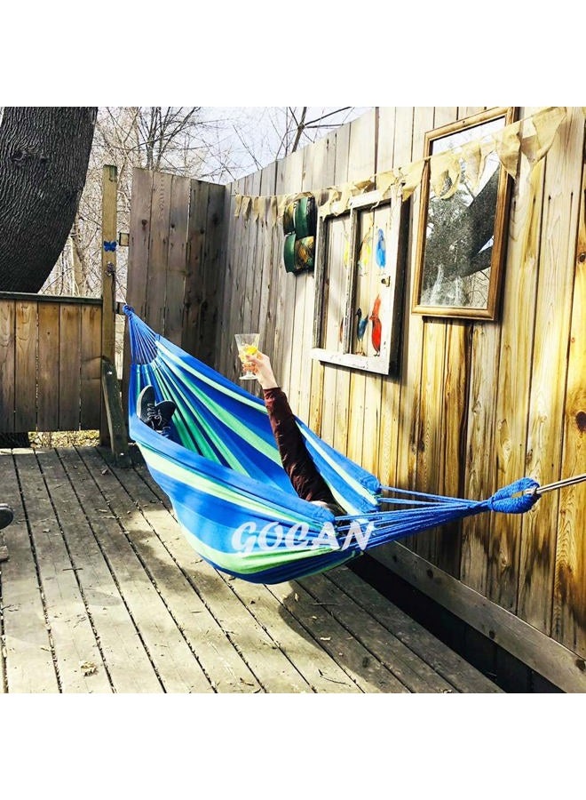 GOCAN Brazilian Double Hammock 2 Person Extra Large 220x160cm Total Length 330cm Load 500lb Canvas Cotton Hammock for Patio Porch Garden Backyard Lounging Outdoor and Indoor(Blue/Green) XXL - Image 2