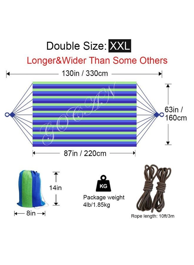 GOCAN Brazilian Double Hammock 2 Person Extra Large 220x160cm Total Length 330cm Load 500lb Canvas Cotton Hammock for Patio Porch Garden Backyard Lounging Outdoor and Indoor(Blue/Green) XXL - Image 4