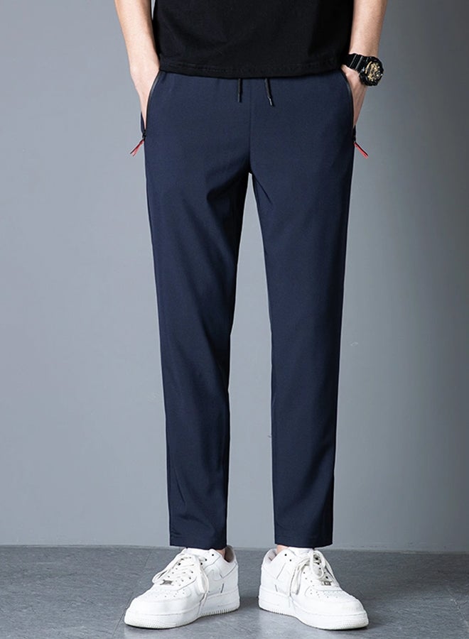 DR Men's Dark Blue Slim-Fit Sport Pants with Red Zipper Accents - Image 1