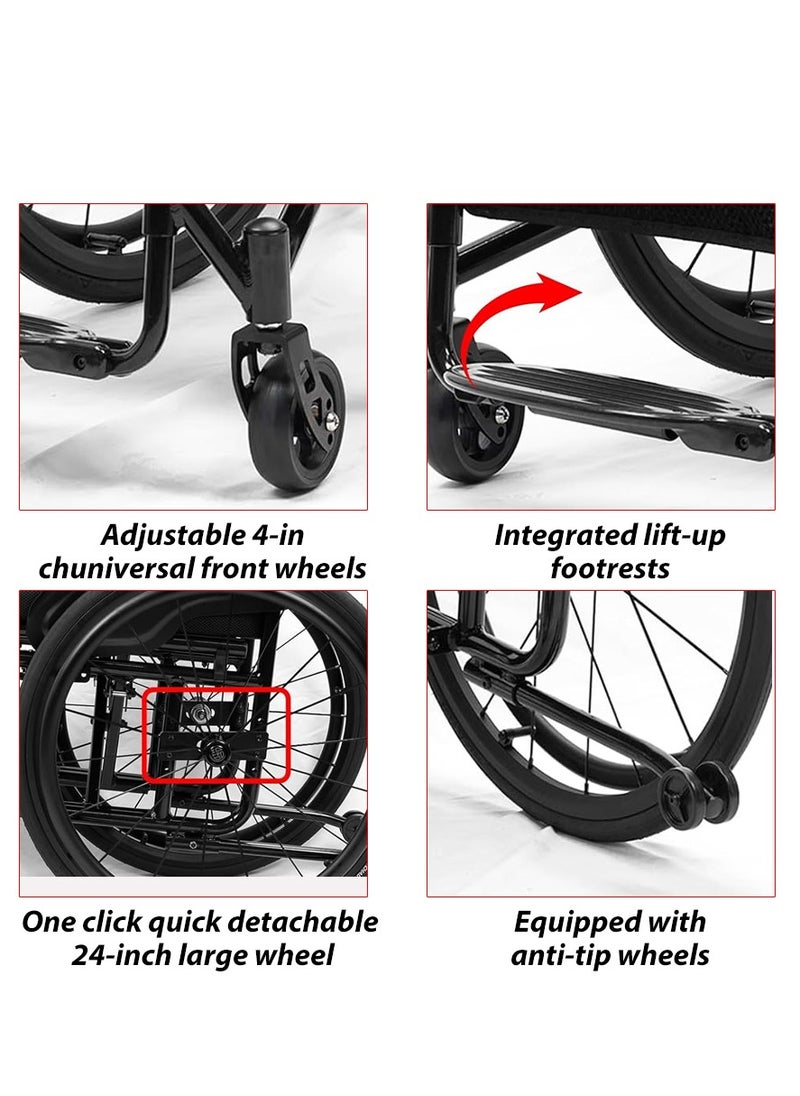 Generic Lightweight Wheelchair Adult Wheelchair Sports Wheelchair All Terrain Aluminium Wheelchair Adjustable footrest, Foldable Suitable for Adults, Seniors(Seat Width 44cm)  - Image 2