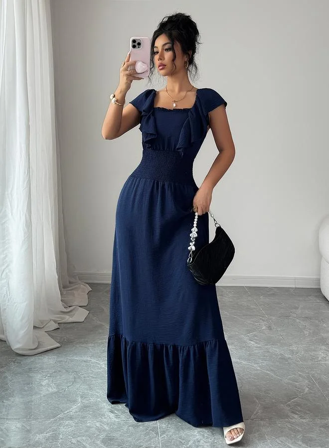 Take Two Navy Blue Maxi Dress with Ruffle Sleeves and Shirred Waist