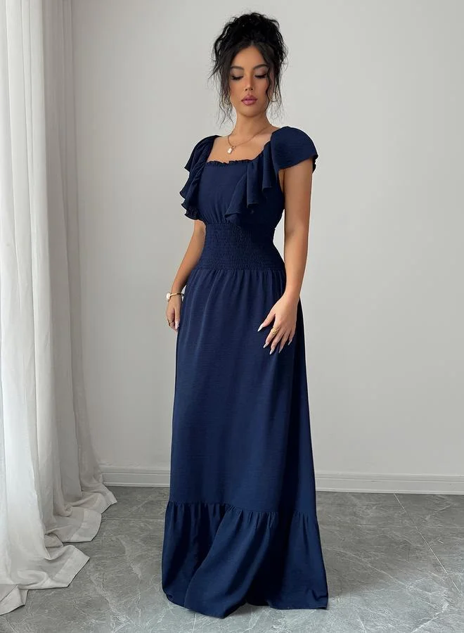 Take Two Navy Blue Maxi Dress with Ruffle Sleeves and Shirred Waist
