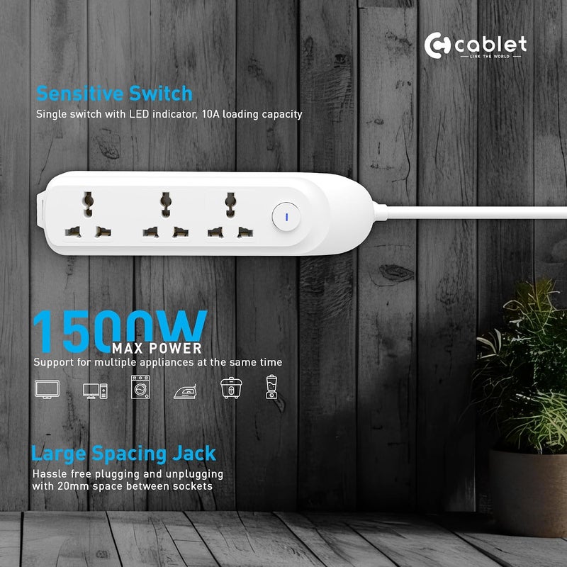 Cablet Extension Board 1500W 6A | 3 Universal Multi Plug Sockets with Surge Protector, Overload Protection, 1.8M Heavy Duty Cord, LED Indicator Master Switch, Spike Guard Power Strip for Home & Office - Image 2
