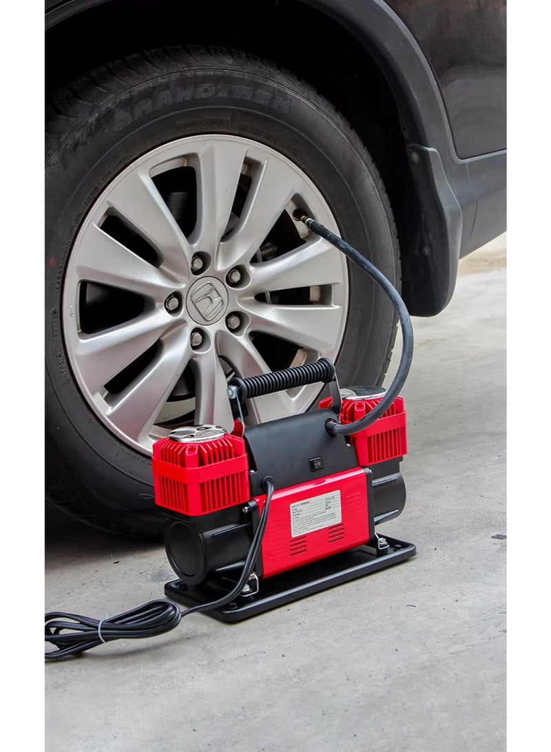 ROCA WM102-15C Heavy Duty Dual-Cylinder Air Compressor 300LPM High Air Flow, 150 PSI Max Pressure, 120 PSI Working Pressure 26ft Coil Hose with Gauge, 8ft Battery Clamp Cord, Easy Twist Brass Inflator 1.5HP 12V Oil-Less Motor with Thermal Cut-Off Car, SUV, Truck, 4x4, Bike, Inflatables - Image 2