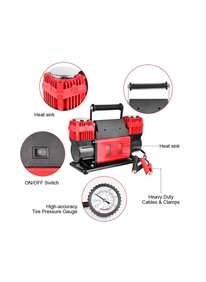 ROCA WM102-15C Heavy Duty Dual-Cylinder Air Compressor 300LPM High Air Flow, 150 PSI Max Pressure, 120 PSI Working Pressure 26ft Coil Hose with Gauge, 8ft Battery Clamp Cord, Easy Twist Brass Inflator 1.5HP 12V Oil-Less Motor with Thermal Cut-Off Car, SUV, Truck, 4x4, Bike, Inflatables - Image 4