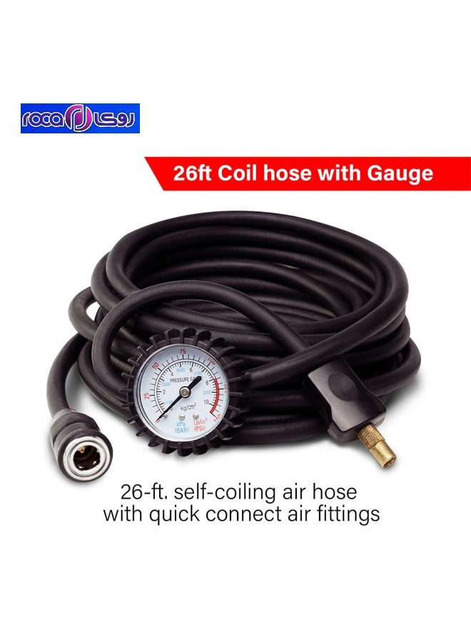 ROCA WM102-15C Heavy Duty Dual-Cylinder Air Compressor 300LPM High Air Flow, 150 PSI Max Pressure, 120 PSI Working Pressure 26ft Coil Hose with Gauge, 8ft Battery Clamp Cord, Easy Twist Brass Inflator 1.5HP 12V Oil-Less Motor with Thermal Cut-Off Car, SUV, Truck, 4x4, Bike, Inflatables - Image 5