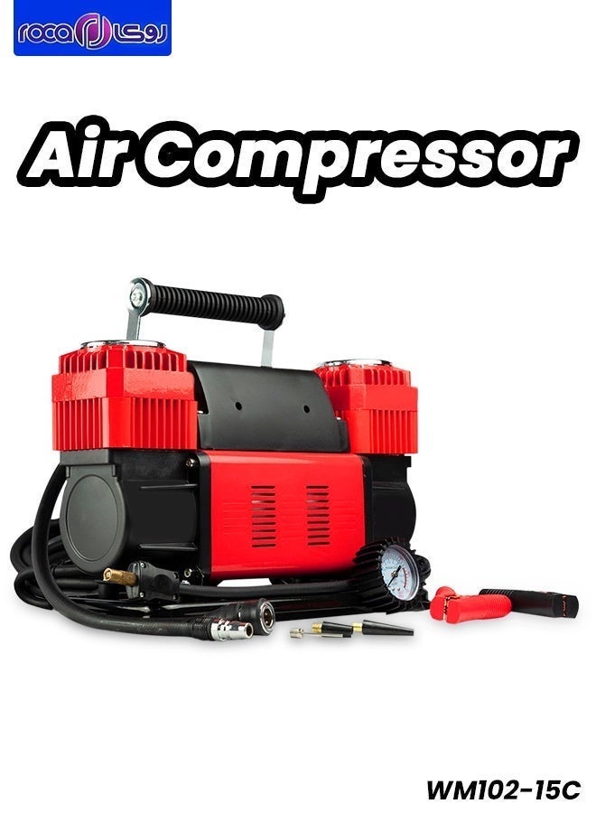 ROCA WM102-15C Heavy Duty Dual-Cylinder Air Compressor 300LPM High Air Flow, 150 PSI Max Pressure, 120 PSI Working Pressure 26ft Coil Hose with Gauge, 8ft Battery Clamp Cord, Easy Twist Brass Inflator 1.5HP 12V Oil-Less Motor with Thermal Cut-Off Car, SUV, Truck, 4x4, Bike, Inflatables - Image 1