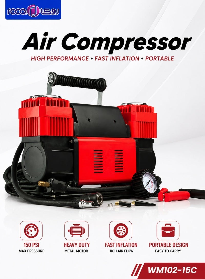 ROCA WM102-15C Heavy Duty Dual-Cylinder Air Compressor 300LPM High Air Flow, 150 PSI Max Pressure, 120 PSI Working Pressure 26ft Coil Hose with Gauge, 8ft Battery Clamp Cord, Easy Twist Brass Inflator 1.5HP 12V Oil-Less Motor with Thermal Cut-Off Car, SUV, Truck, 4x4, Bike, Inflatables - Image 2