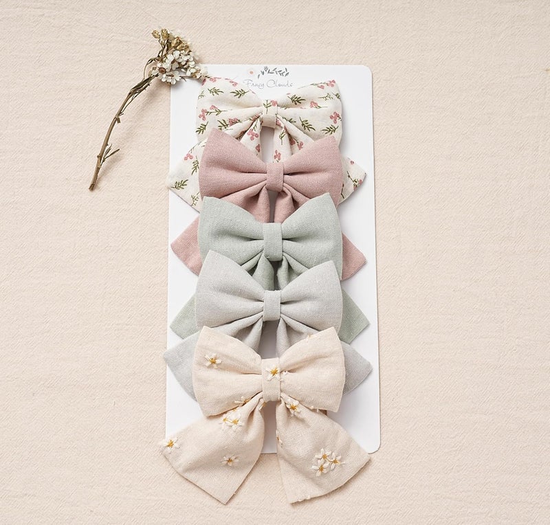 Fancy Clouds Hair Bows with Hair Clips for Girls Toddler BabyHandmade 5 Flower Print Embroider Big BowsFANCY CLOUDS Boutique Hair Accessorioes Gifts for School Kids - Image 5