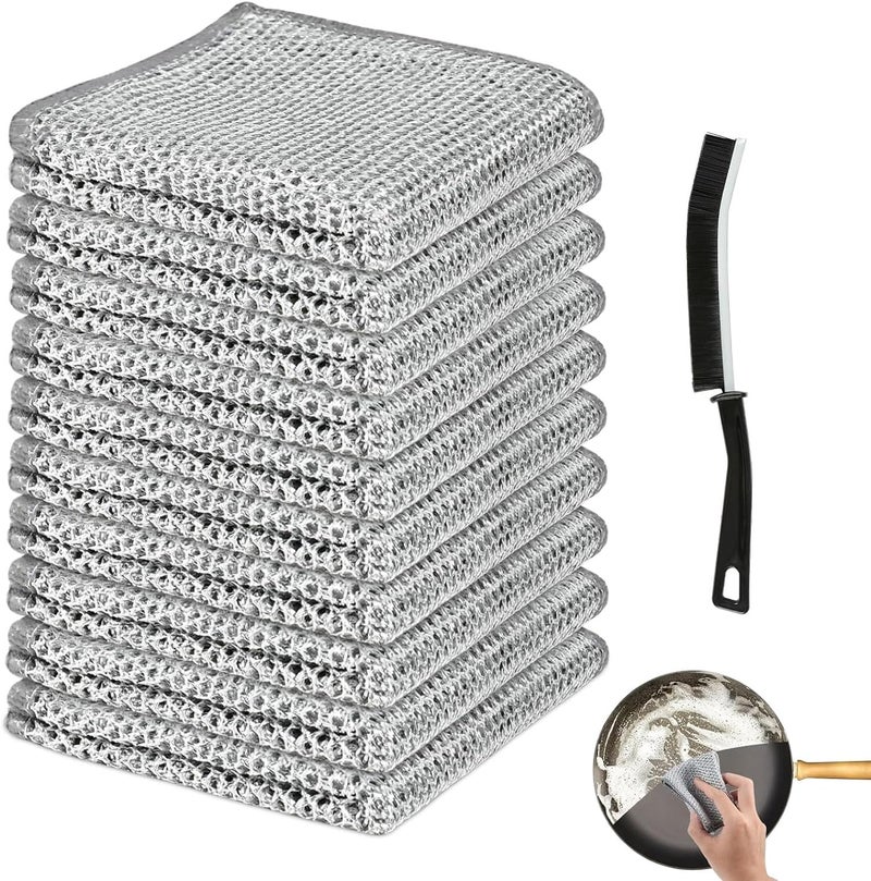 COOFANDY 10 Pcs Wire Dishwashing Rags and 1 Gap Brush Multipurpose Wire Dish Cloths for Wet and Dry Reusable Kitchen Cloth Non Scratch Rag Double Lint Free Cloth for Kitchen Pan - Image 1