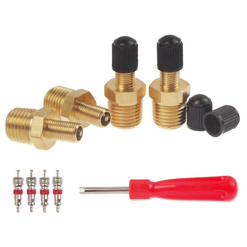 AIFORCE 4Pcs 14 NPT Tank Valve Air Compressor Fill Valve With AntiCorrosion Brass Schrader and Caps Extra Replacement Stems Cores and Tool