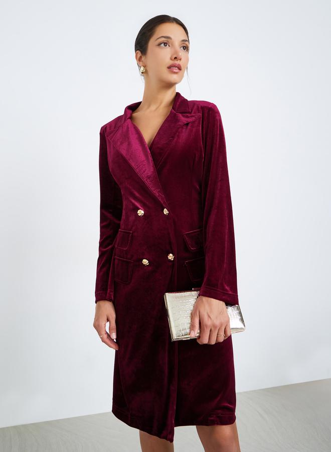 Styli Women Burgundy Velvet Blazer Knee-Length Dress - Image 1