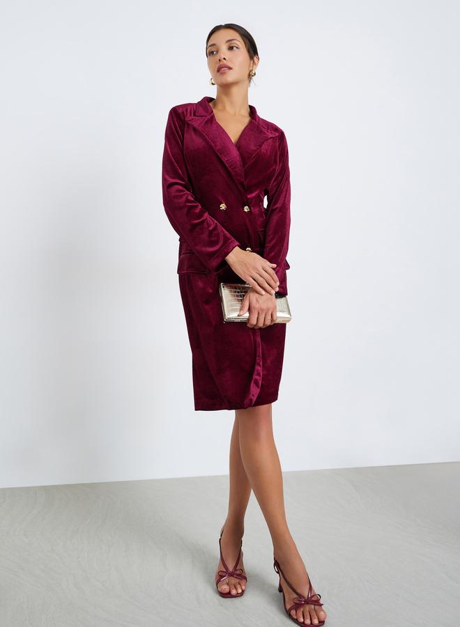 Styli Women Burgundy Velvet Blazer Knee-Length Dress - Image 2