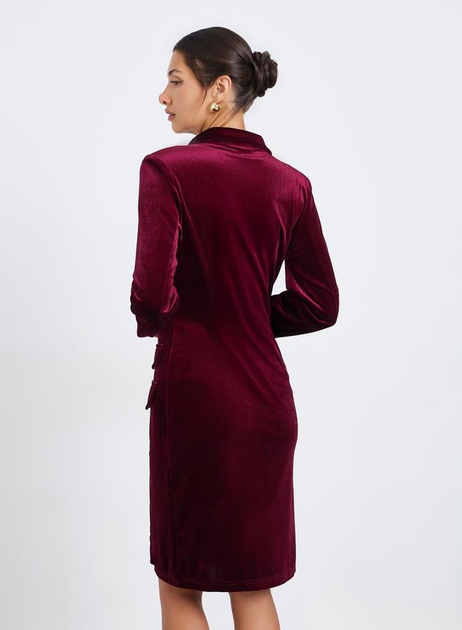 Styli Women Burgundy Velvet Blazer Knee-Length Dress - Image 4