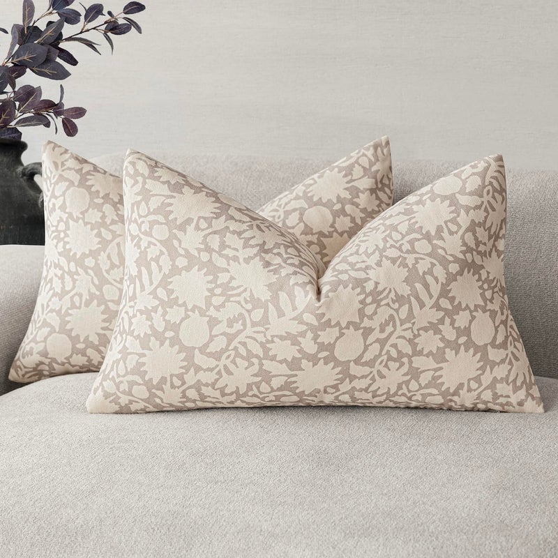 Foindtower Set of 2 Decorative Neutral Floral Throw Pillow Covers Accent Farmhouse Cushion Covers Boho Lumbar Pillowcase for Couch Sofa Bedroom Living Room Home Decor,12Ã—20 Inch,Ivory Beige - Image 1