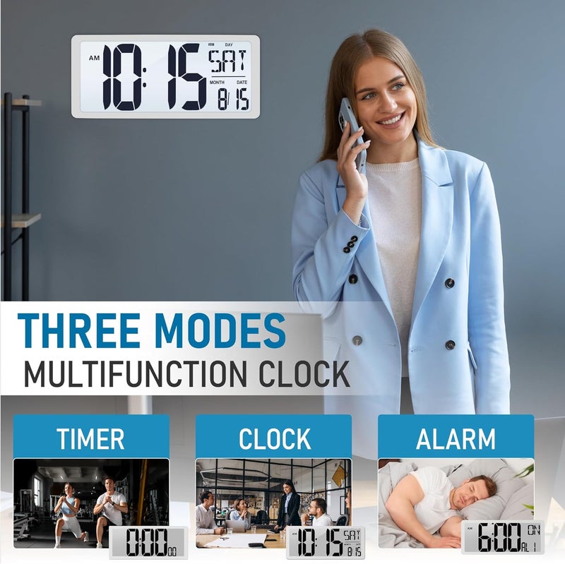 TXL 18.44" Large Digital Wall Clock with Backlight, Battery Operated Alarm Clock with Day, Date & Temperature, Jumbo Display Digital Count Up Down Timer Clock for Hoom,Classroom Room,Office - Image 4