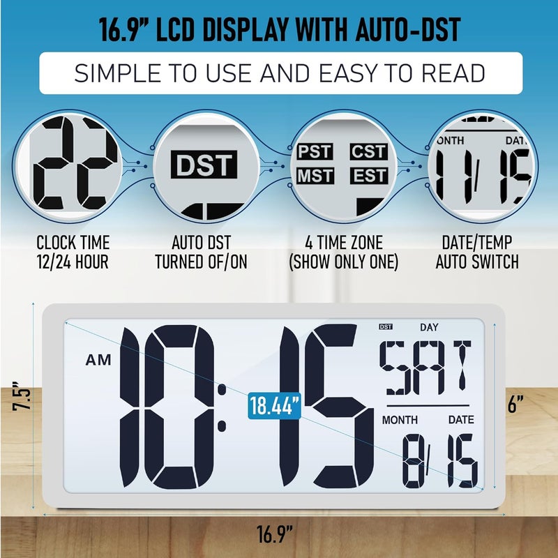TXL 18.44" Large Digital Wall Clock with Backlight, Battery Operated Alarm Clock with Day, Date & Temperature, Jumbo Display Digital Count Up Down Timer Clock for Hoom,Classroom Room,Office - Image 3