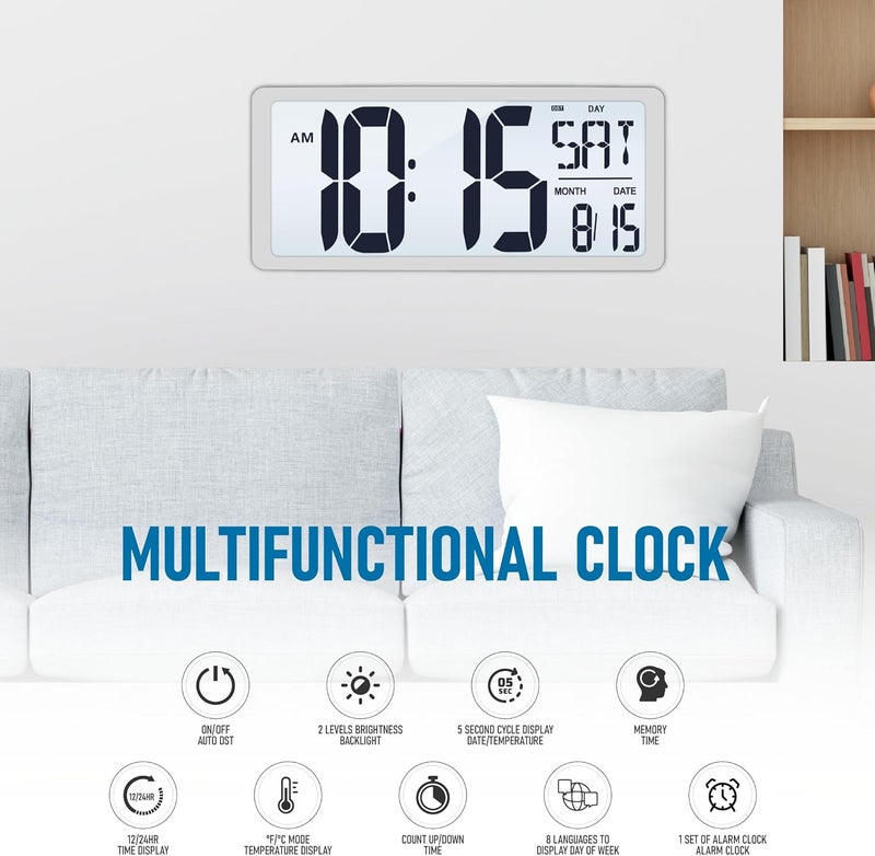 TXL 18.44" Large Digital Wall Clock with Backlight, Battery Operated Alarm Clock with Day, Date & Temperature, Jumbo Display Digital Count Up Down Timer Clock for Hoom,Classroom Room,Office - Image 2