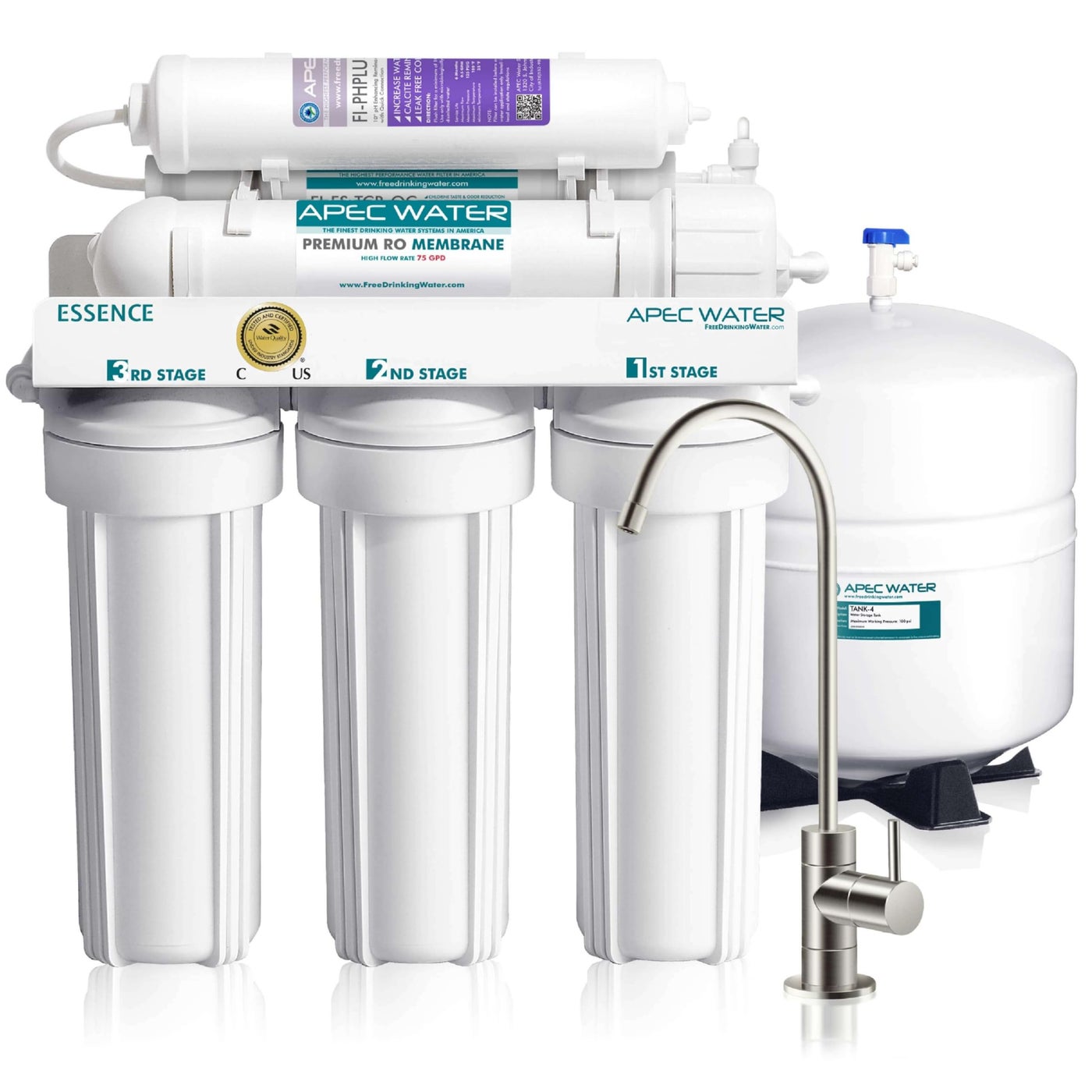APEC Water Systems ROESPH75 Essence Series Top Tier Alkaline Mineral pH 75 GPD 6Stage Certified Ultra Safe Reverse Osmosis Drinking Water Filter System