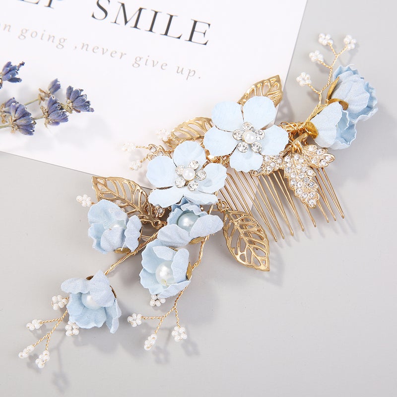 2pcs Cloth Flower Hair Combs Bridal Rhinestone Side Comb Beaded Headpiece Wedding Hair Decoration ( ) - Image 5