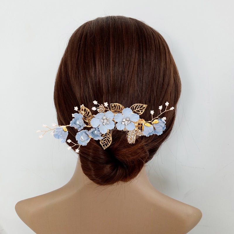 2pcs Cloth Flower Hair Combs Bridal Rhinestone Side Comb Beaded Headpiece Wedding Hair Decoration ( ) - Image 3