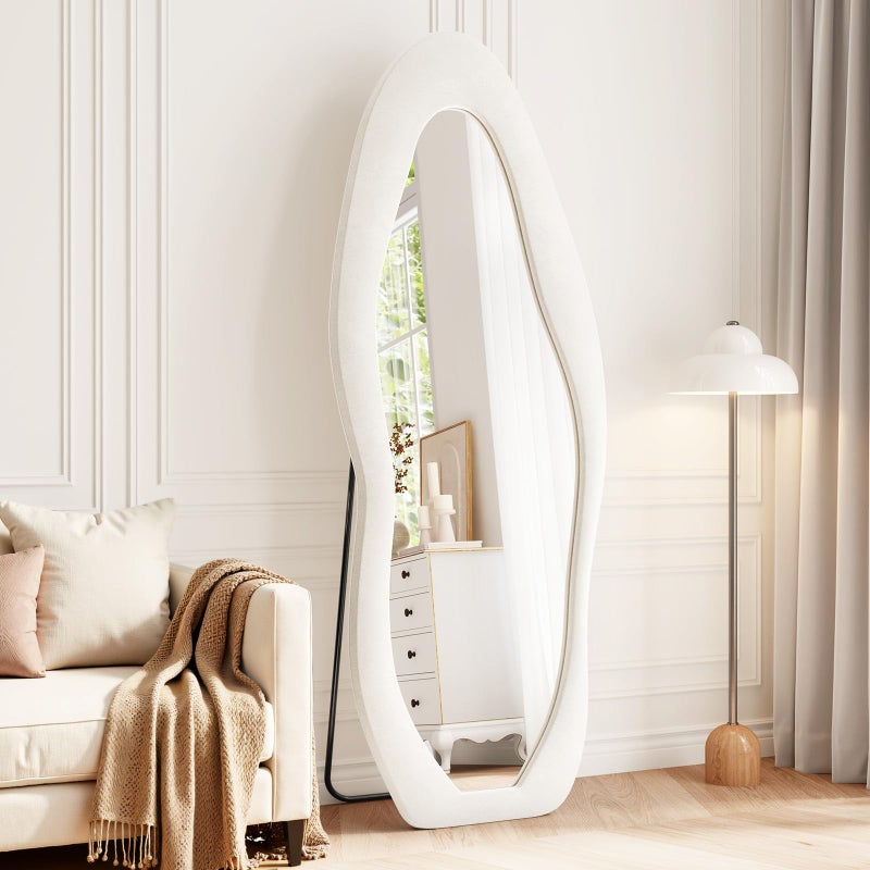 FlyEcho Full Length Mirror, 63"x24" Full Body Mirrors, Flannel Floor Mirrors with Stand, Irregular Wavy Mirror Hanging or Leaning Against Wall for Bedroom Living Room, Beige - Image 1