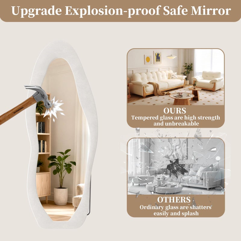 FlyEcho Full Length Mirror, 63"x24" Full Body Mirrors, Flannel Floor Mirrors with Stand, Irregular Wavy Mirror Hanging or Leaning Against Wall for Bedroom Living Room, Beige - Image 3