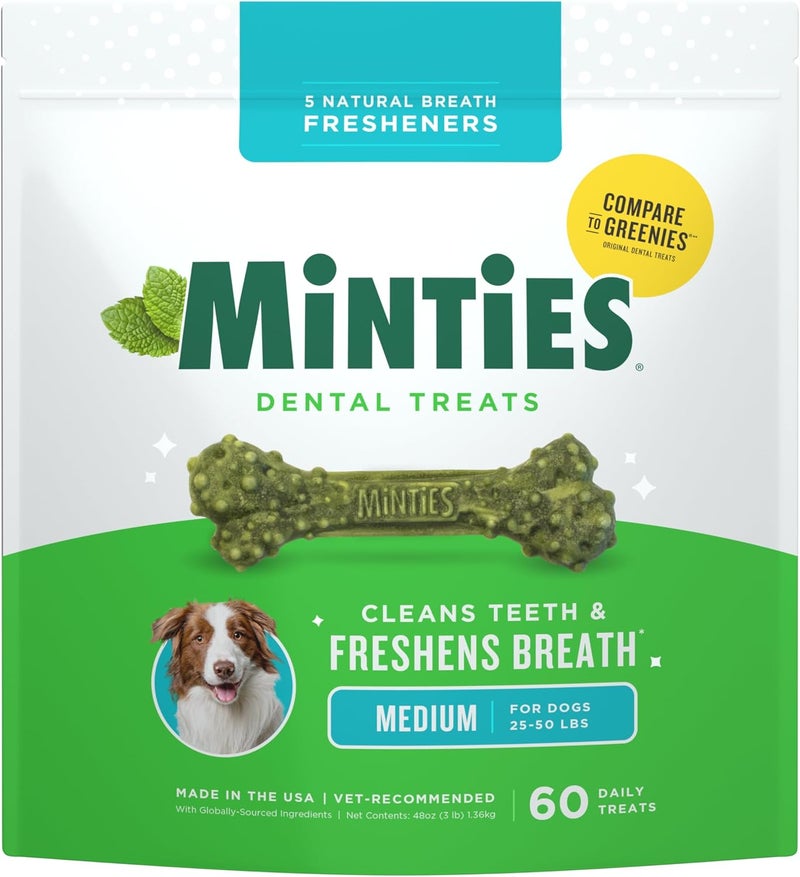 Minties Dental Chews for Dogs, 60 Count, Vet-Recommended Mint-Flavored Dental Treats for Medium Dogs 25-50 lbs, Dental Bones Clean Teeth, Fight Bad Breath, and Removes Plaque and Tartar - Image 1