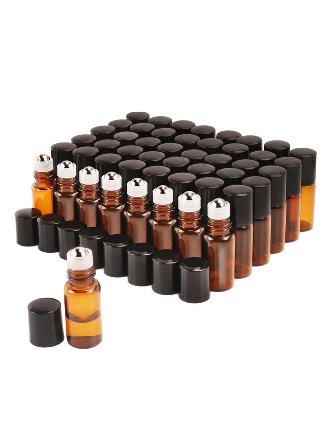 Wresty Amber Glass Essential Oil Roller Bottles 3Ml Mini 50 Pcs Roll-On Glass Bottles Vials With Metal Rollerball And Black Caps,1 Opener,2 Dropper