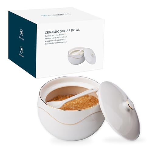 KITCHENDAO Porcelain Sugar Bowl with Lid and Spoon – Dust Free- Ceramic Sugar Holder Container for Countertop Kitchen Coffee, Dishwasher Oven Freezer Safe, 11OZ - Image 1