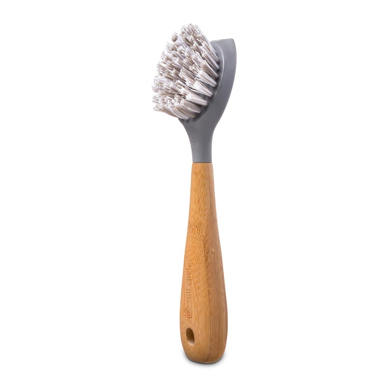 Full Circle Tenacious C Cast Iron Brush and Scraper with Bamboo Handle  Skillet Scrubber with Tough Nylon Bristles Grey