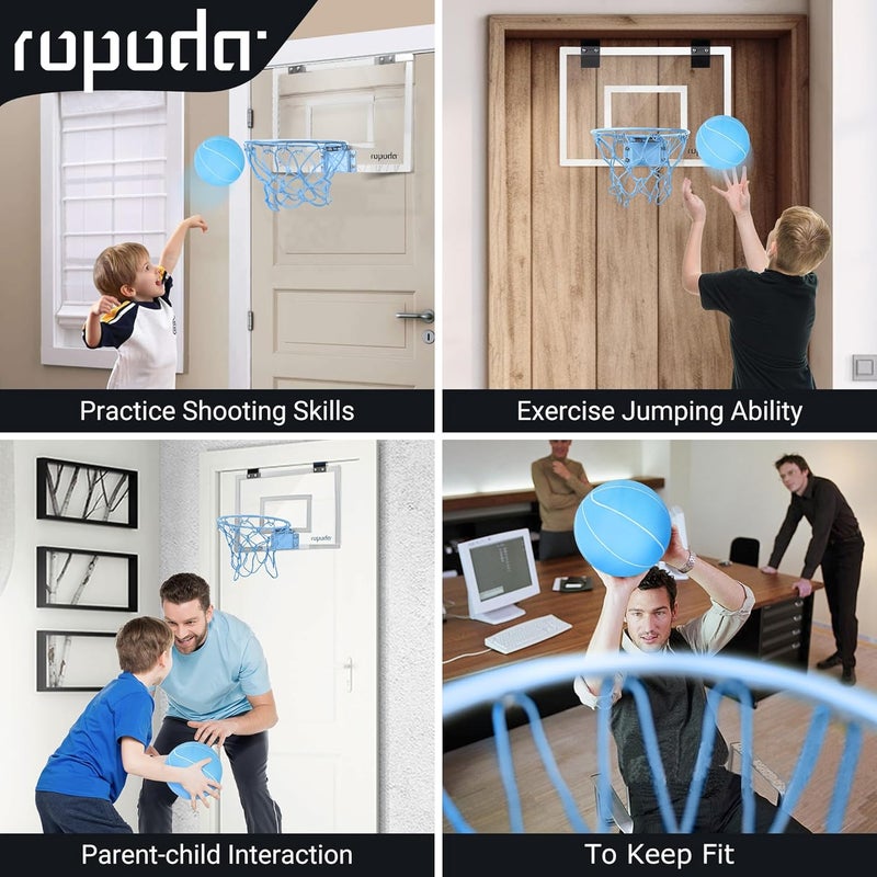 ROPODA حلقة كرة سلة مصغرة - تتوهج في الظلام، حلقة كرة سلة فوق الباب داخلية، لوحات خلفية لكرة السلة داخلية للمراهقين والبالغين، حلقة مصغرة للأطفال مع 4 كرات ومضخة (زرقاء) - Image 4
