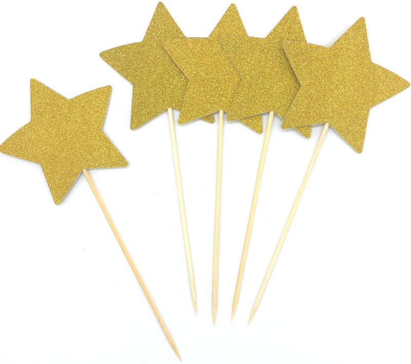 Double Sided Gold Glitter Star Cake Topper for le le Little Star Baby Shower Theme Decoration Pack of 12