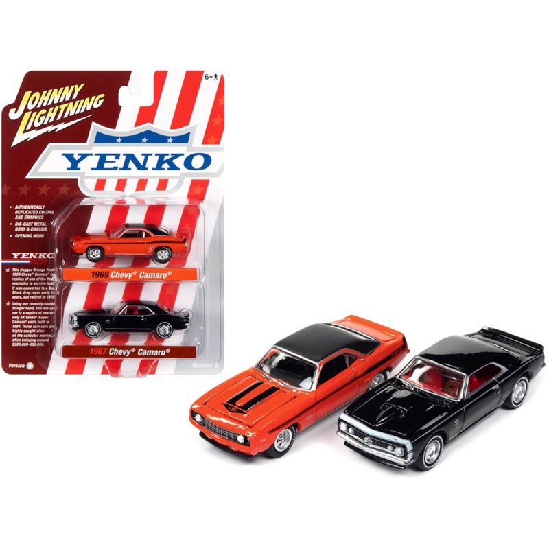 Johnny Lightning 1969 Chevrolet Camaro Hugger Orange and 1967 Chevrolet Camaro Black Yenko Series Set of 2 Cars 164 Diecast Model Cars - Image 3