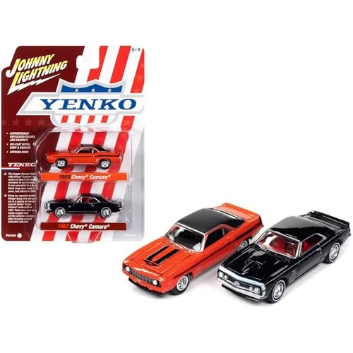 Johnny Lightning 1969 Chevrolet Camaro Hugger Orange and 1967 Chevrolet Camaro Black Yenko Series Set of 2 Cars 164 Diecast Model Cars - Image 1