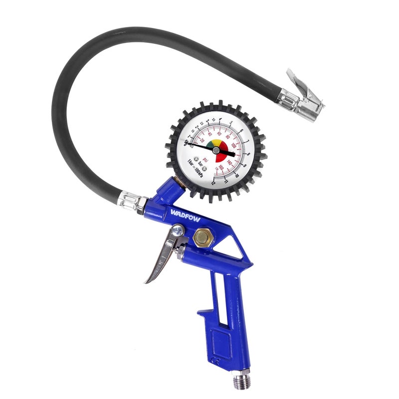 WADFOW Auto Tire InflatorDeflator Air Pressure Gauge Rubber Hose 212 Dial Gauge with Straight Brass Lockon Chuck Compatible with Air Pump Compressor for RV Car Motorcycle and Bike